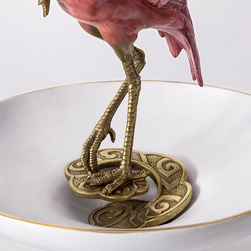 陶瓷凤凰美居欧式红鹤摆件配铜家居奢华客厅书房摆件