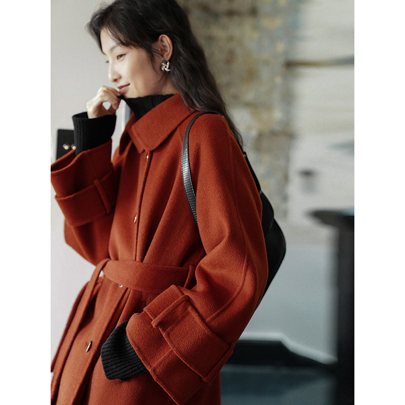 欧可枫叶红双面羊毛呢子大衣高级羊绒西装短款毛呢外套