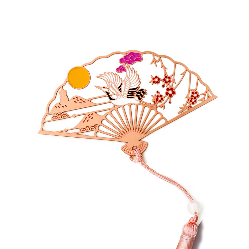 中国国风金属镂空仙鹤折扇文艺书签学生流苏书签