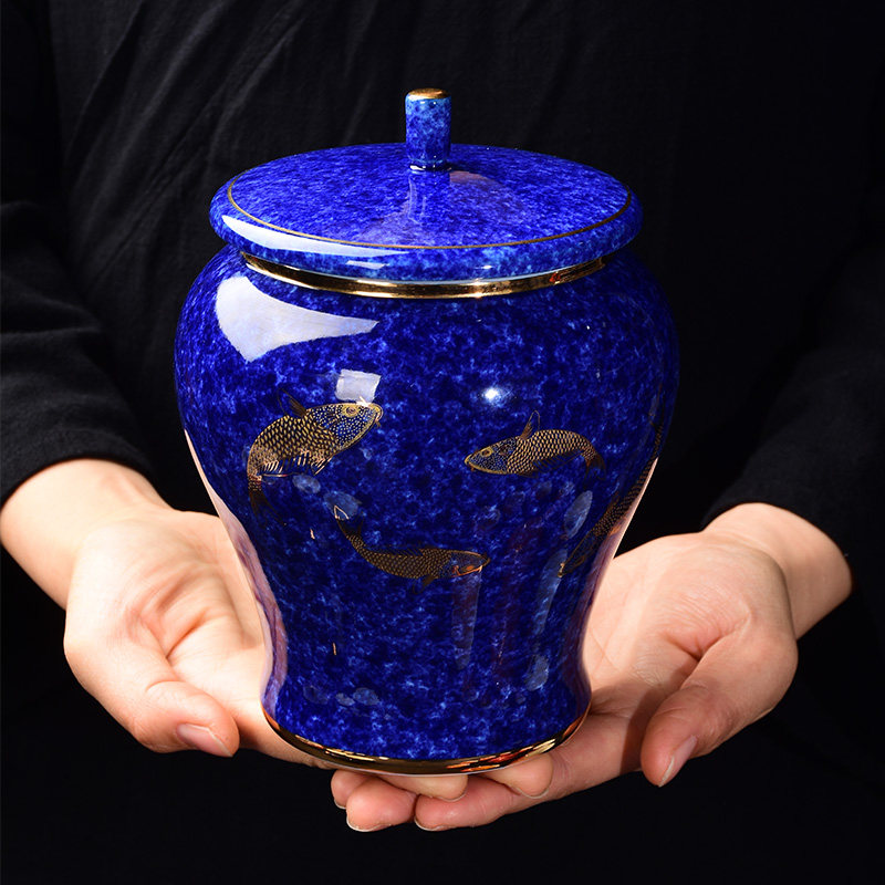 茶叶罐陶瓷密封罐洒蓝釉金鱼金瓷罐带家用大小茶叶罐