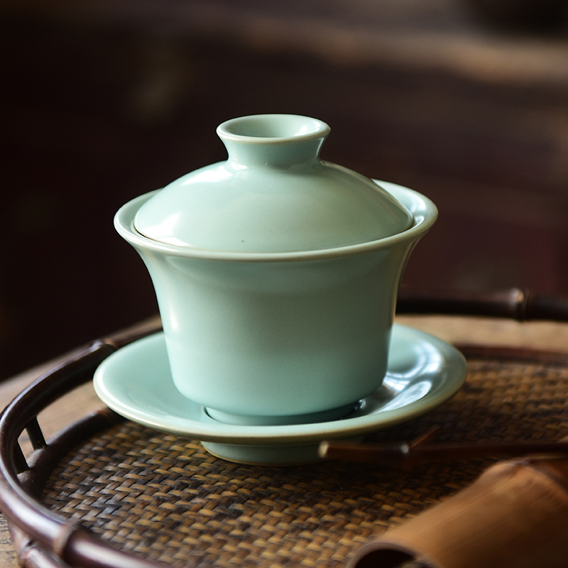 天青泡茶茶具功夫茶功夫器汝茶碗单个汝窑大号盖碗