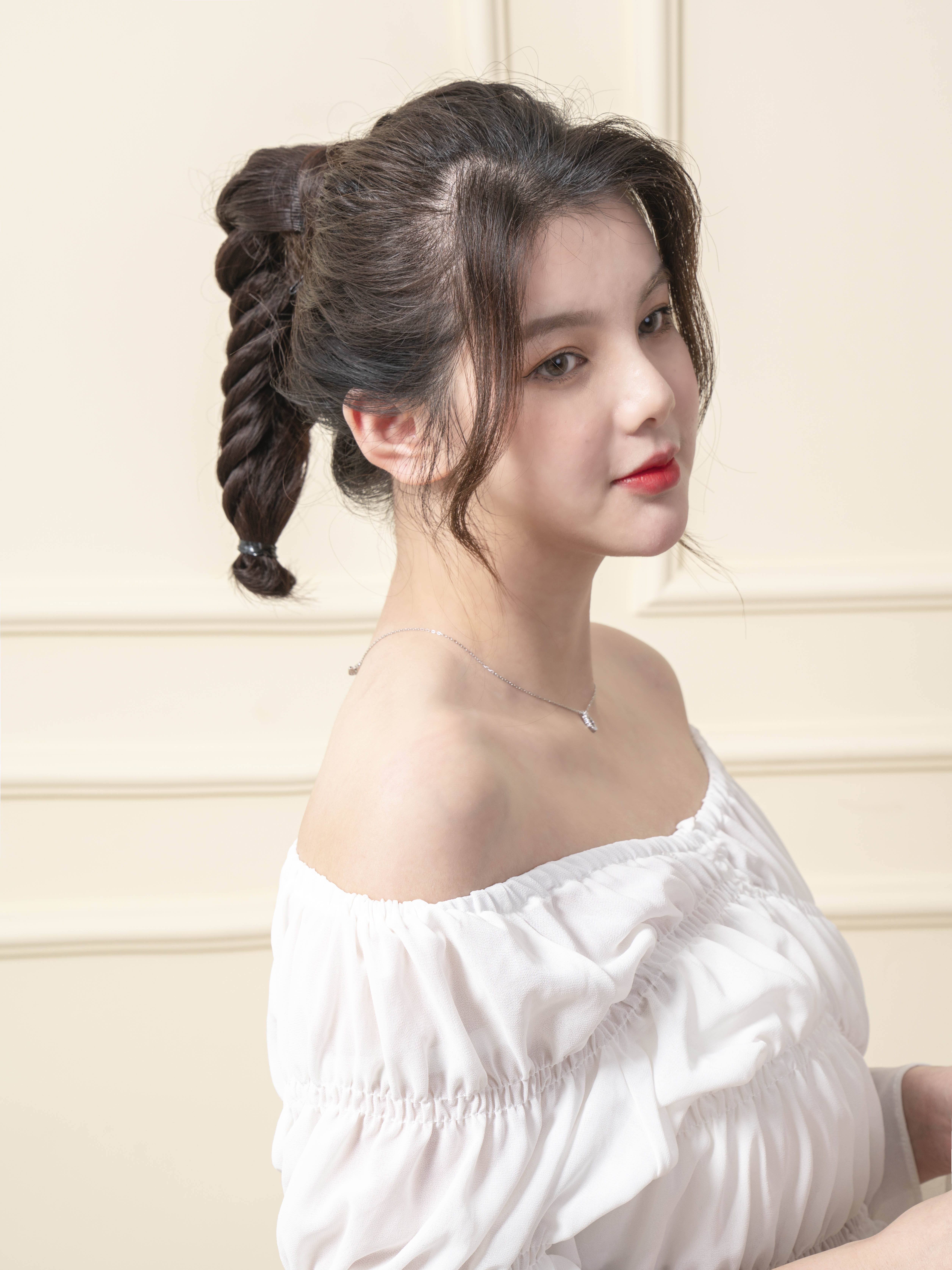 手工蓬松鱼骨辫子假发马尾编发中长卷发女时尚假发马尾辫