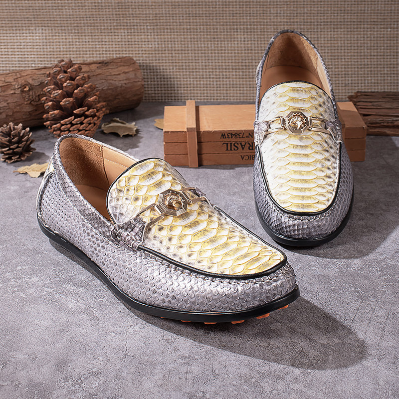 蟒蛇蛇皮皮鞋夏季新款真皮时尚潮流透气休闲一脚乐福鞋豆豆鞋