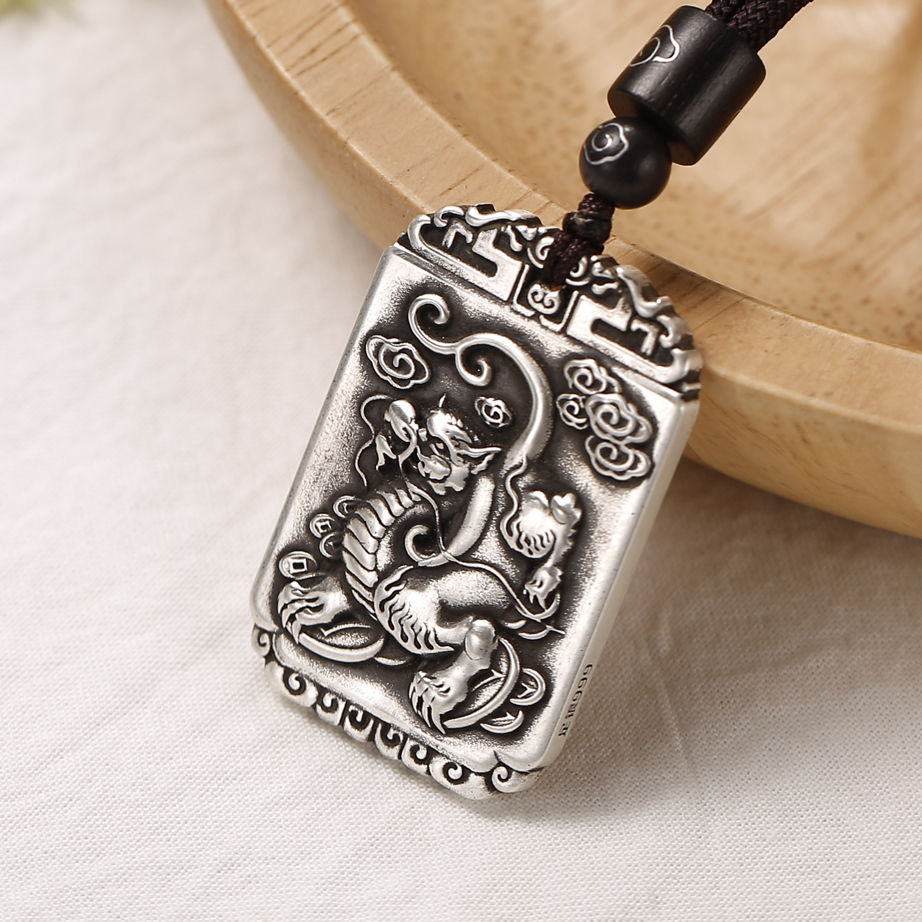 定制刻字 招财辟邪貔貅吊坠男士项链999纯银铜钱麒麟吊牌转运挂坠