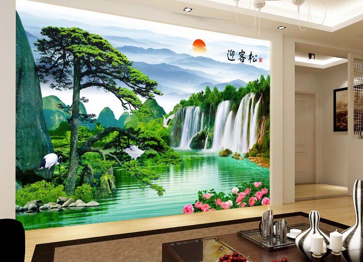迎客松山水风景画自粘墙贴墙纸大型壁画客厅沙发墙贴