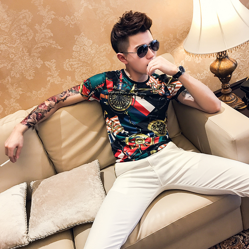 2022夏装韩版短袖修身T恤社会小伙冰丝男短男花色网红潮流打底衫