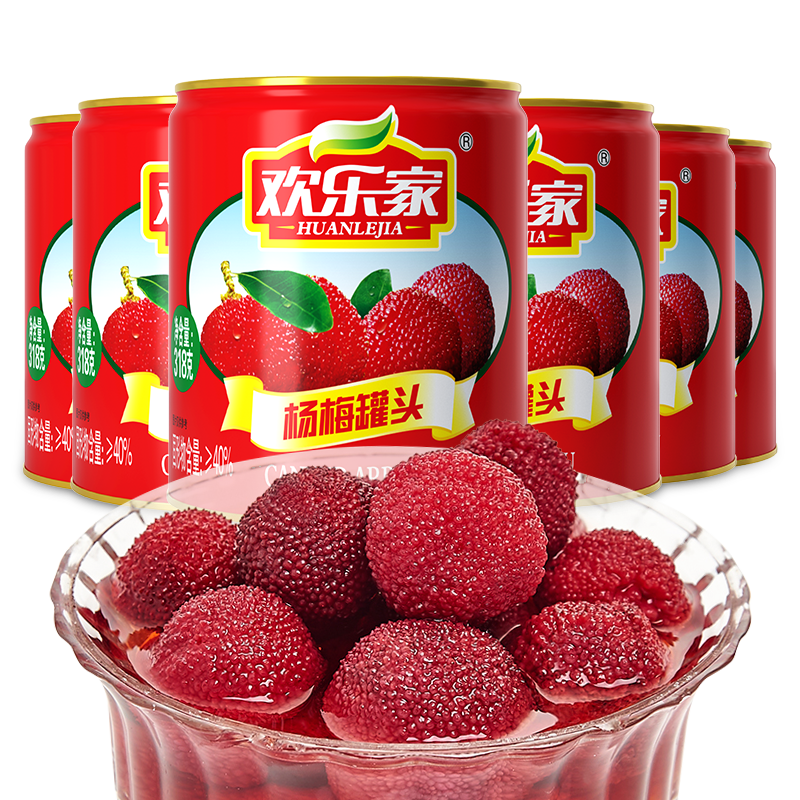 欢乐家杨梅罐头318gx6罐新鲜糖水休闲零食批发杨梅水果罐头整箱