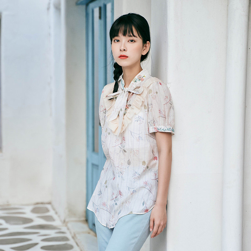 charfen朝峰正品女装蝴蝶结宽松吊带衬衣两件件套t恤