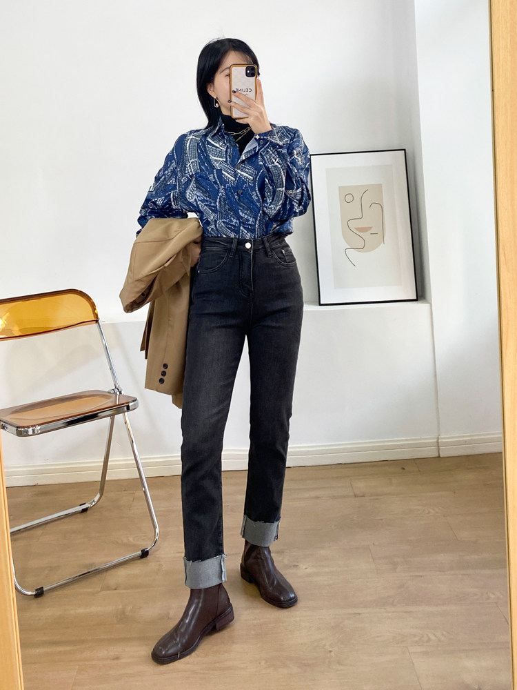 高腰筒裤灰色烟灰烟管新款秋冬加厚牛仔裤裤子牛仔裤