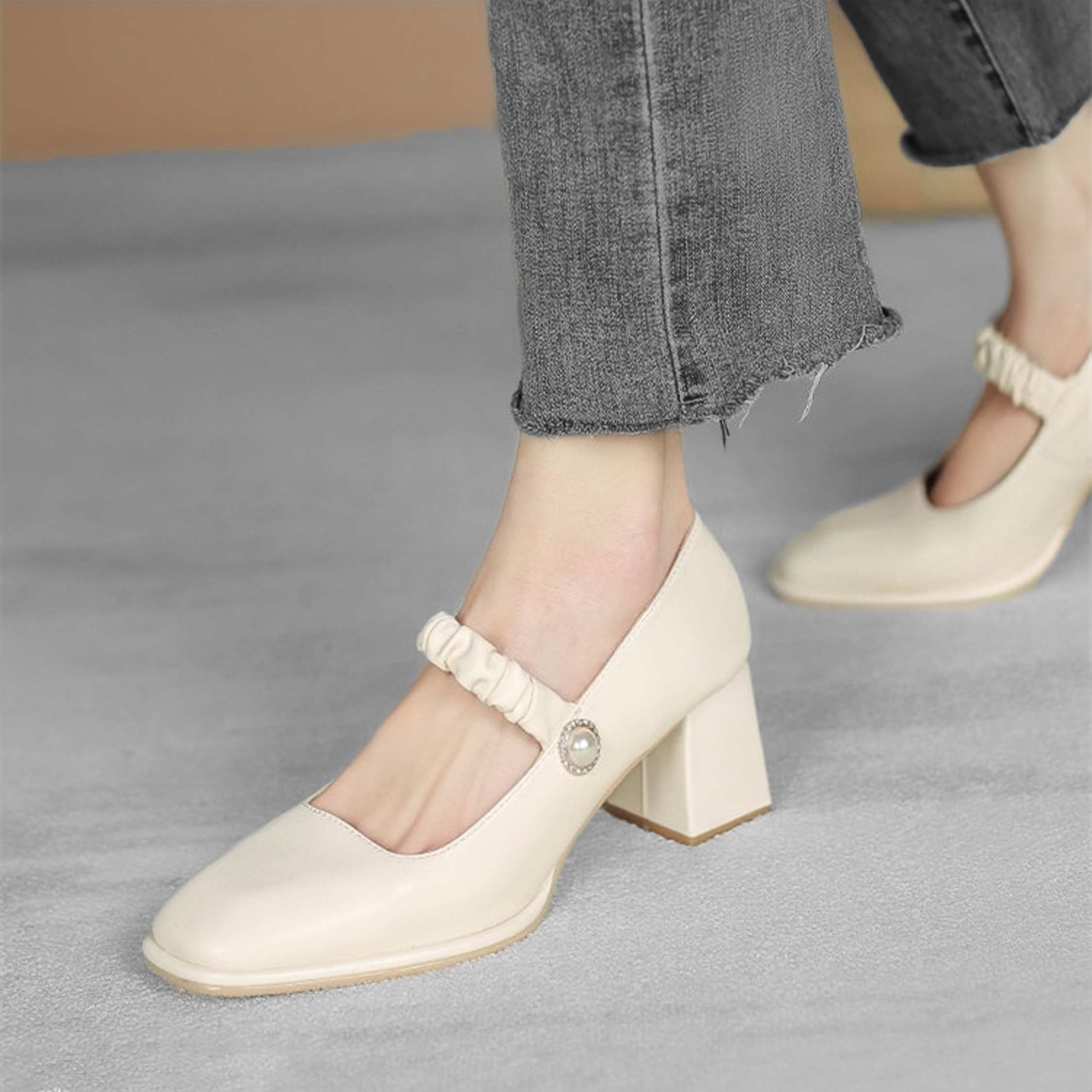 仙女高跟鞋方头单鞋浅口中跟复古法式温柔夏法式单鞋