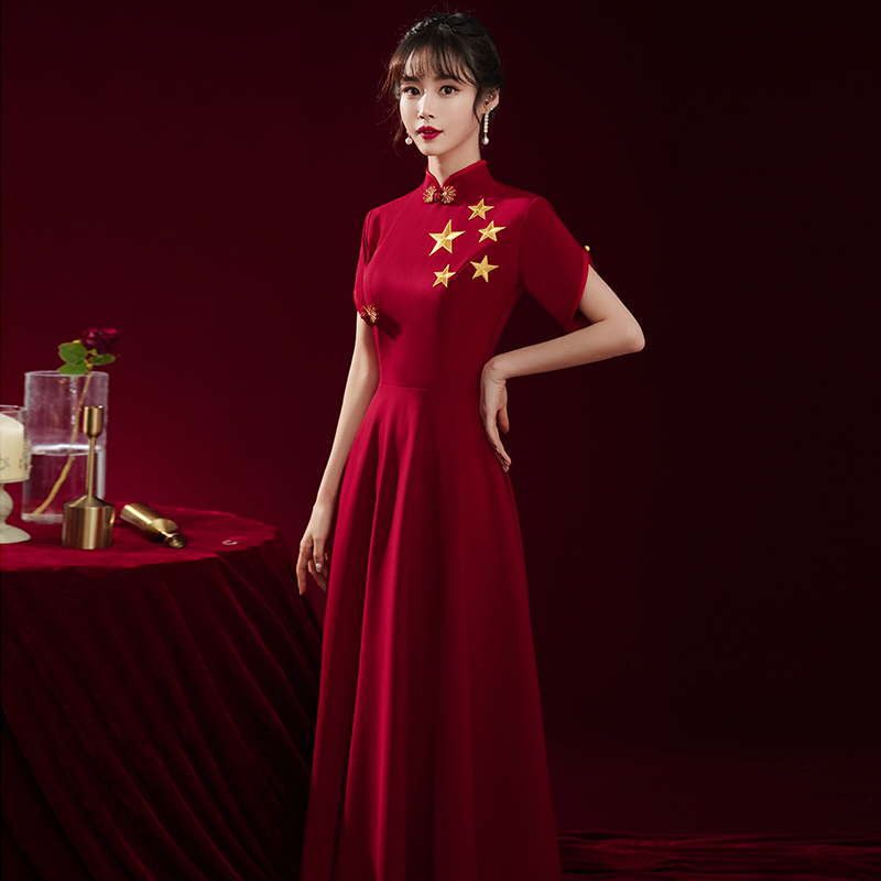 红色大码合唱团礼服长裙成人演出指挥诗朗诵表演礼服