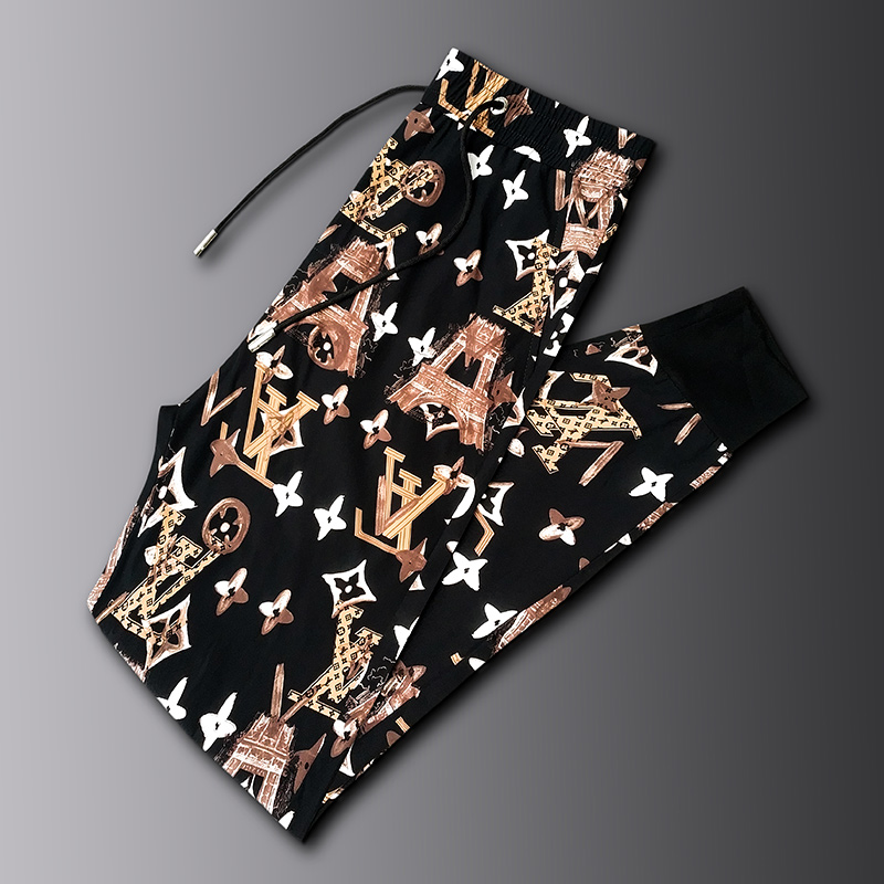 夏季潮牌冰丝印花男裤子青年修身黑色休闲裤抽绳收口哈伦裤潮流