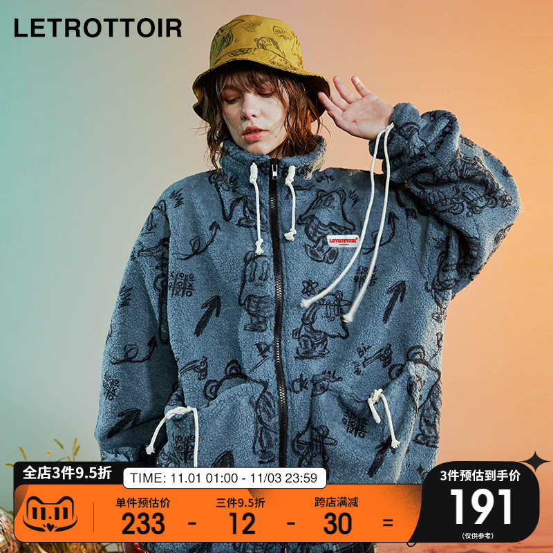 LETROTTOIR  春秋季满印幽灵熊羊羔绒毛外套男情侣装卫衣oversize