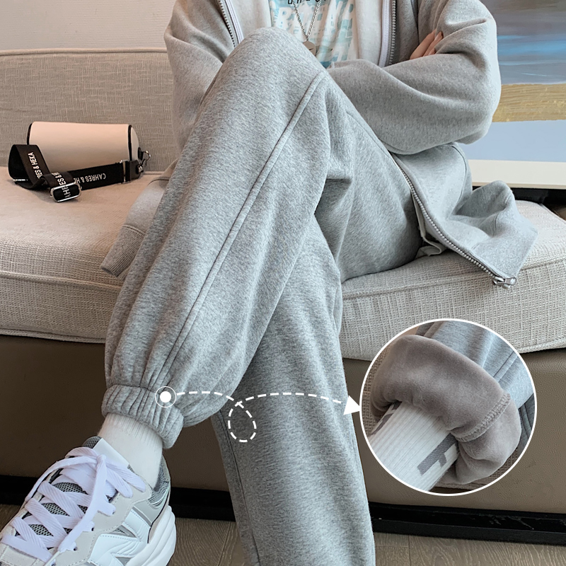 灰色加绒运动裤女冬季加厚卫裤宽松束脚保暖外穿加长灯笼休闲裤子