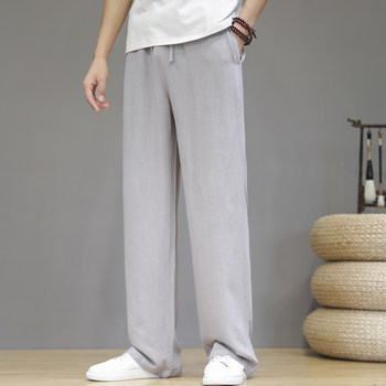 ກາງເກງແອວ elastic linen pants ດູໃບໄມ້ລົ່ນຂອງຜູ້ຊາຍບາງໆ drape ກາງເກງຊື່ວ່າງກາງເກງຍາວສະບາຍ breathable ຝ້າຍແລະ linen trousers