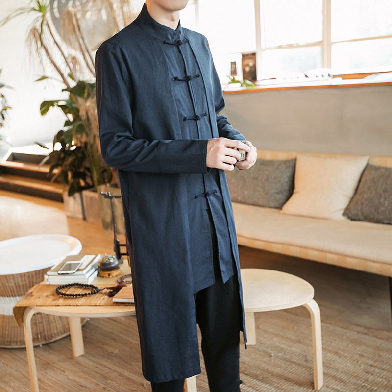 秋季中式加长款长袍青年唐装中国风手工盘扣中式长款外套