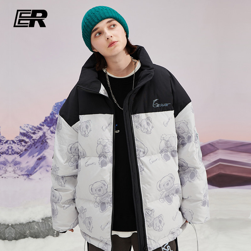 潮欢喜er小熊印花国潮牌ins情侣装立领加厚拼接撞色羽绒服男短款