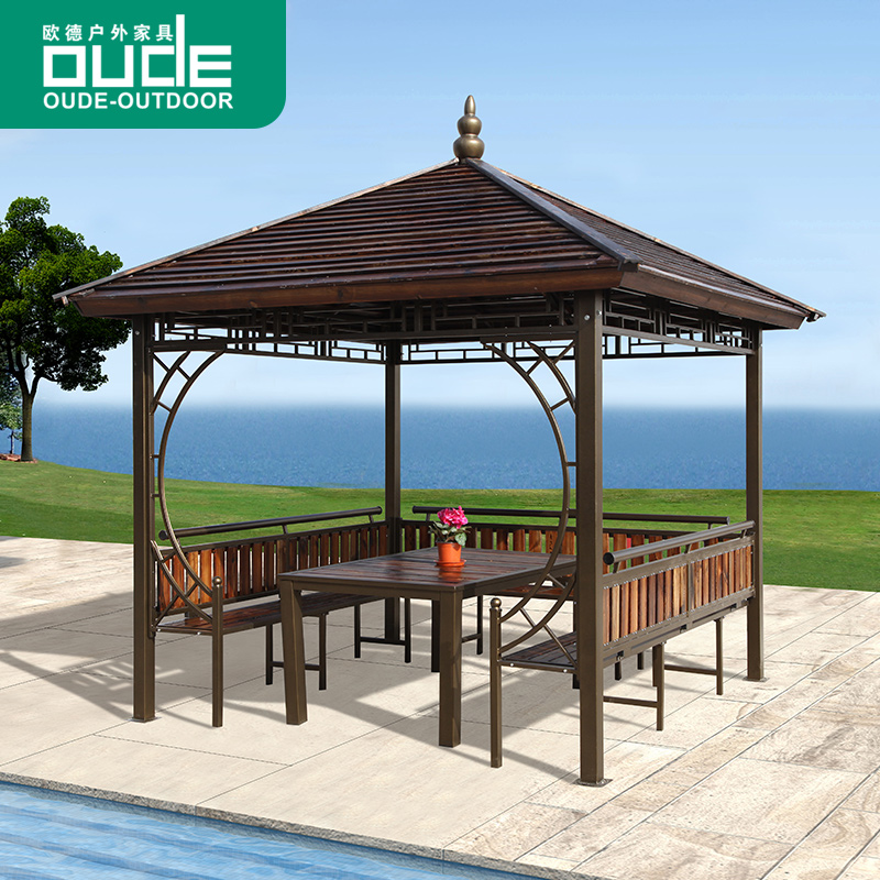 欧德户外木屋凉亭庭院露台花园铁艺瓦片六角亭子防腐木中式大凉亭