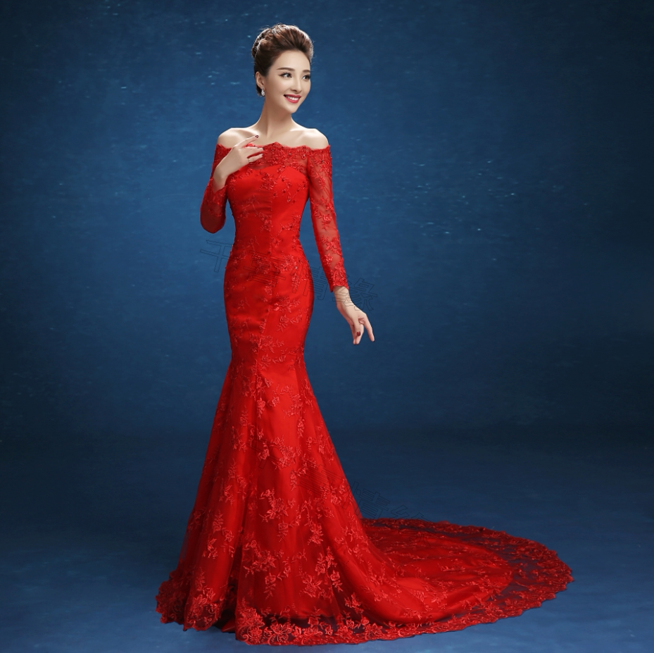 长袖新款红色长款鱼尾礼服新娘敬酒服冬款一字礼服