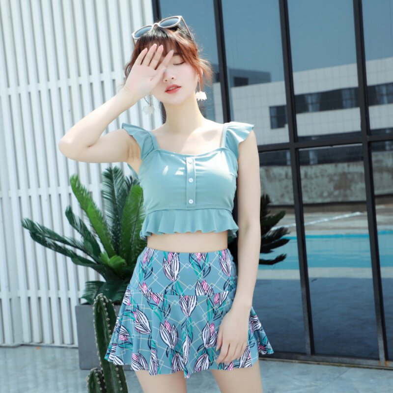 101新款韩版游泳衣女分体保守平角学生性感比基尼显瘦遮肚温泉泳
