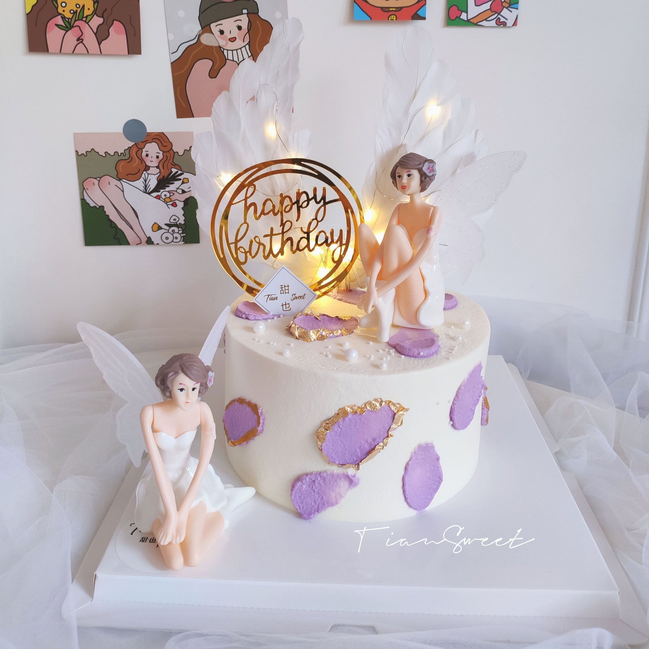 网红白色翅膀花仙子精灵蛋糕烘焙生日装饰摆件女孩节日装扮用品