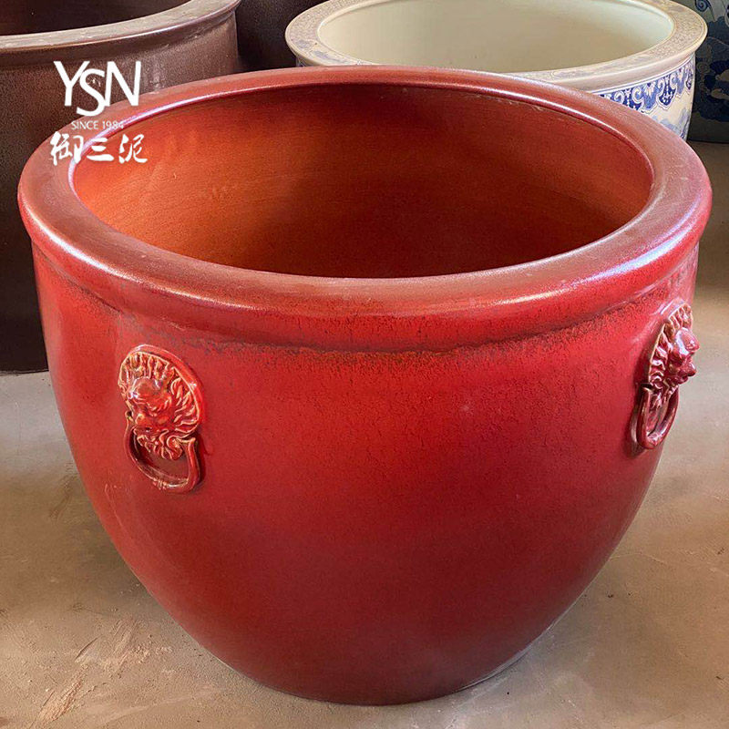 景德镇大红红色陶瓷大缸鱼缸酒店喜庆圆口红釉摆件