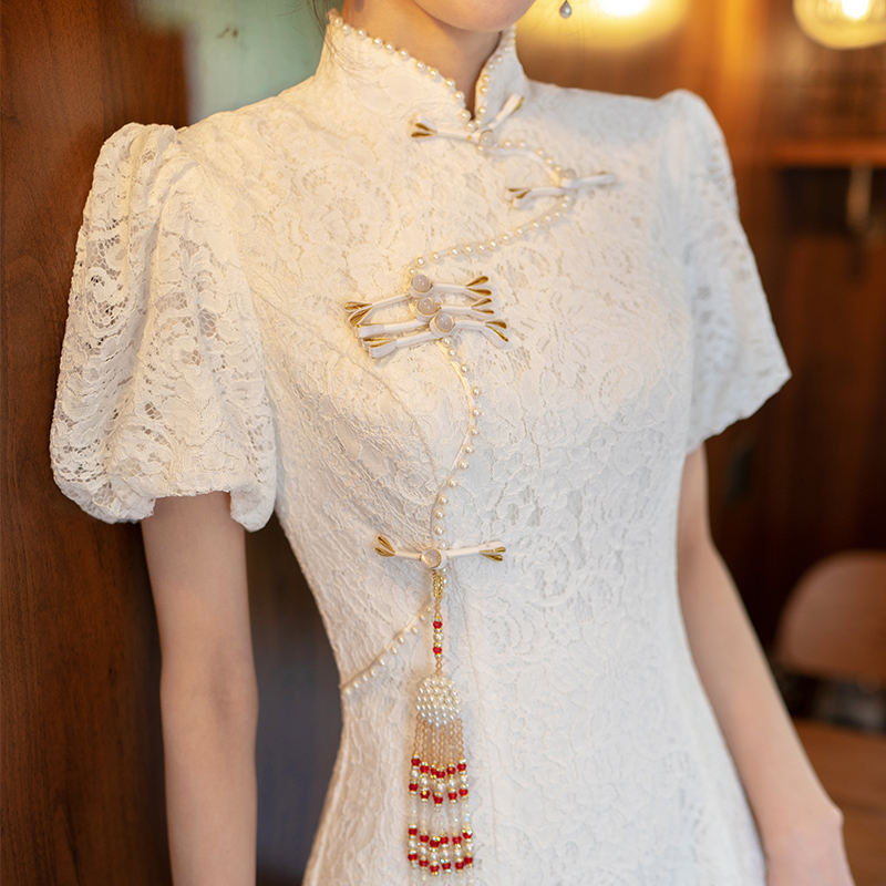 白色旗袍小礼服女2022新款夏季中式小众领证连衣裙平时可穿设计感