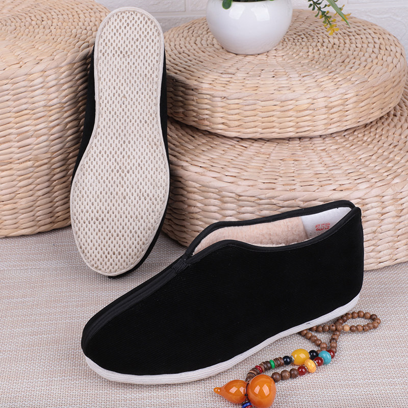 老北京布鞋手工千层底黑植绒棉鞋爷爷鞋老头靴布底寿高帮鞋