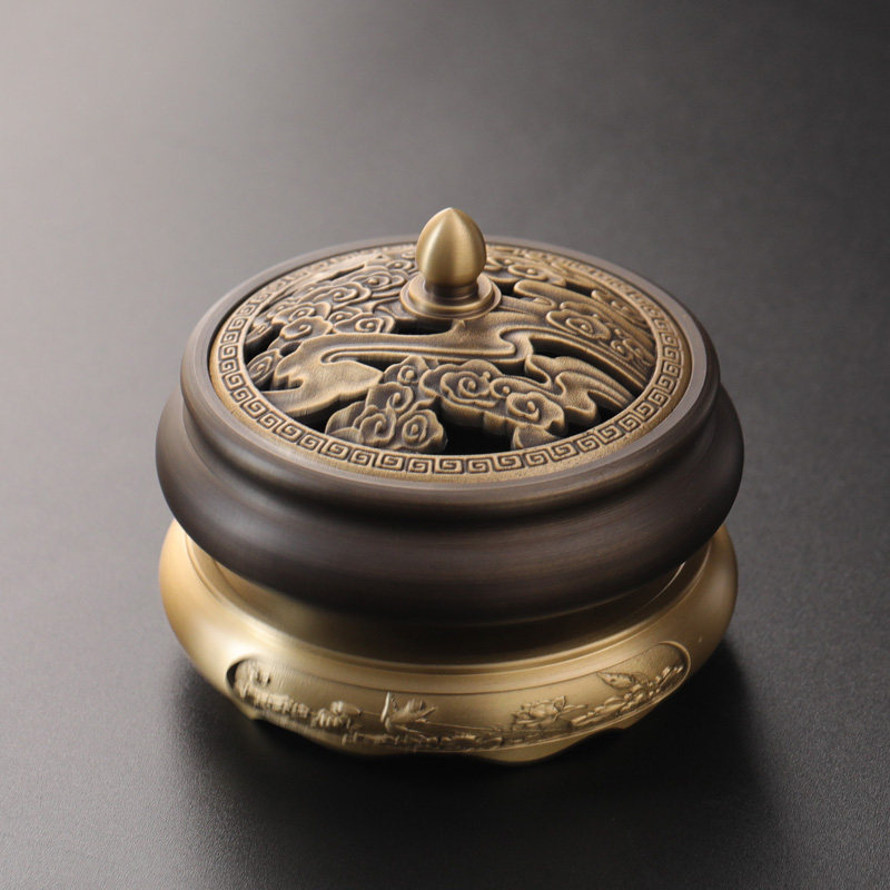 紫巅纯铜圆形雕花香炉底座家用室内香薰炉底香薰炉