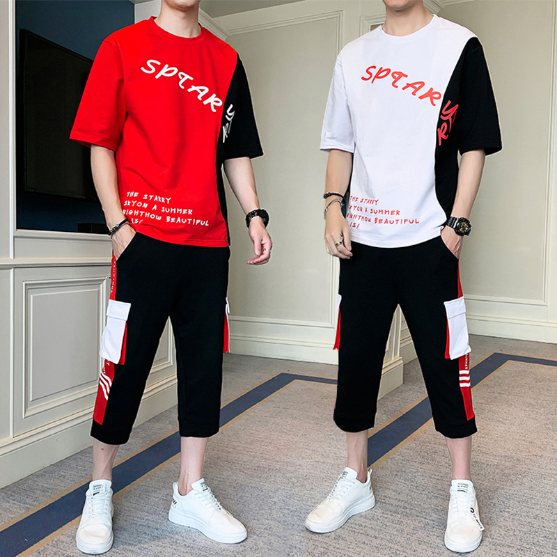 夏季七分裤套装男韩版潮流青少年休闲衣服初高中学生男孩短袖t恤T