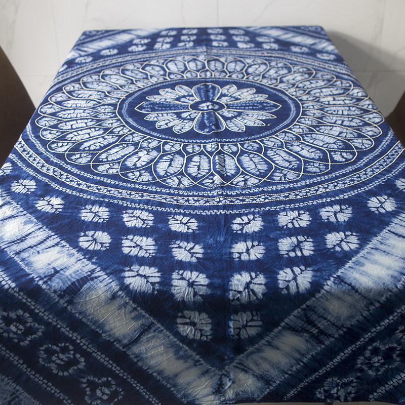 云南大理白族蓝染手工扎染桌布壁挂中国民族复古风背景墙风花雪月