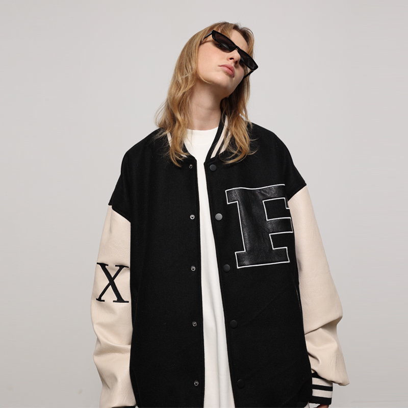 UDBK 国潮牌 F3ML宽松街头美式拼接PU皮棒球服夹克外套休闲情侣装