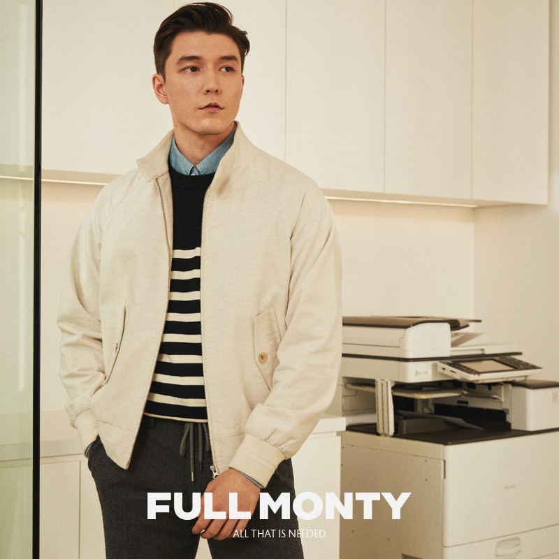 FULL MONTY男士外套春秋季米白色哈灵顿休闲夹克男款上衣工装外衣