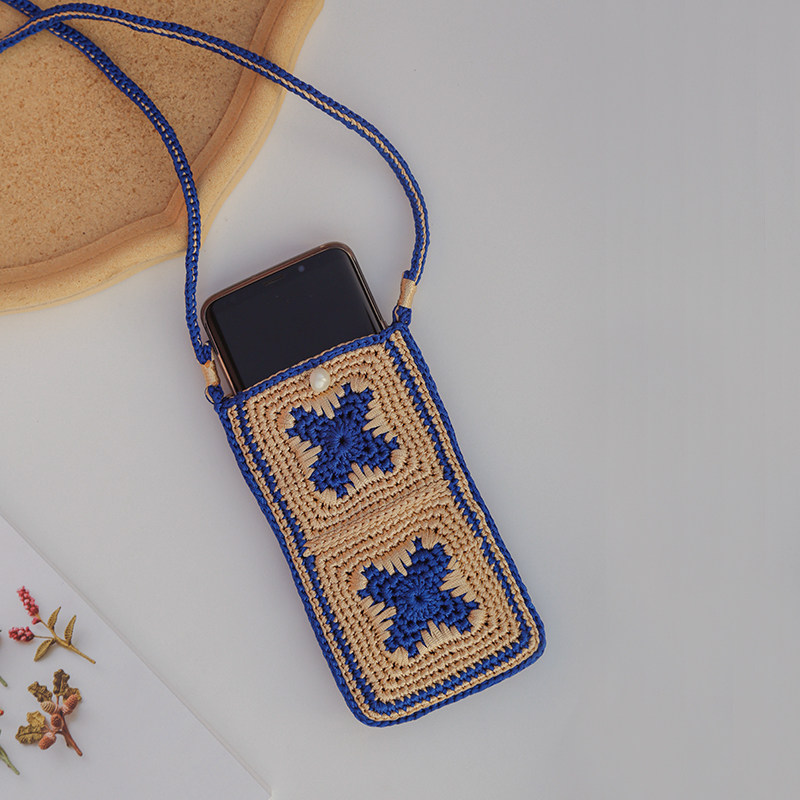 拼色日手机包扁带手工编织钩针包包夏款女生斜挎包手机包