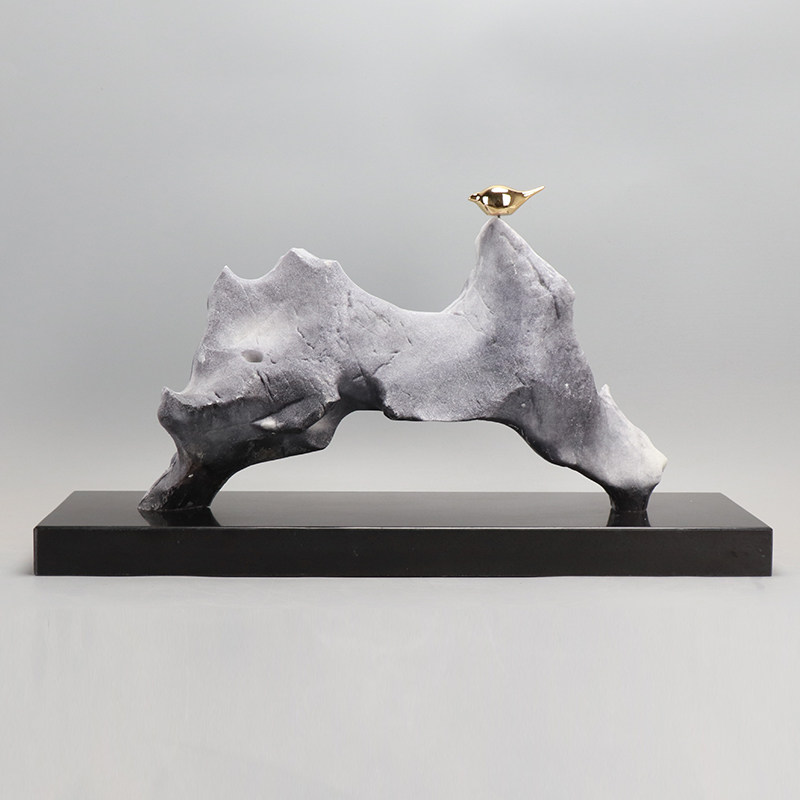 现代新中式禅意家居样板间书房办公室山石鸟雕塑桌面配饰玄关摆件