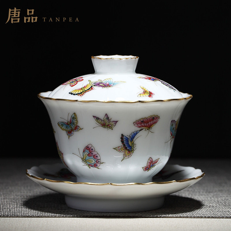 景德镇珐琅彩茶具百蝶三才盖碗全手工大号茶杯蝴蝶泡茶碗功夫茶杯