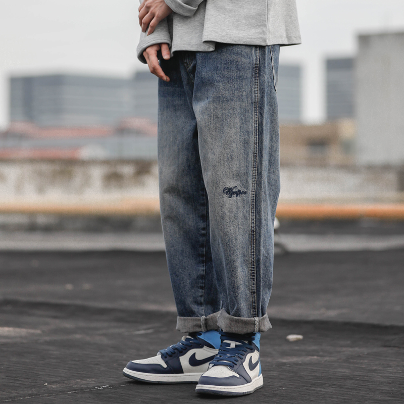复古牛仔裤男水洗做旧潮牌春秋季日系宽松直筒休闲阔腿深蓝色长裤