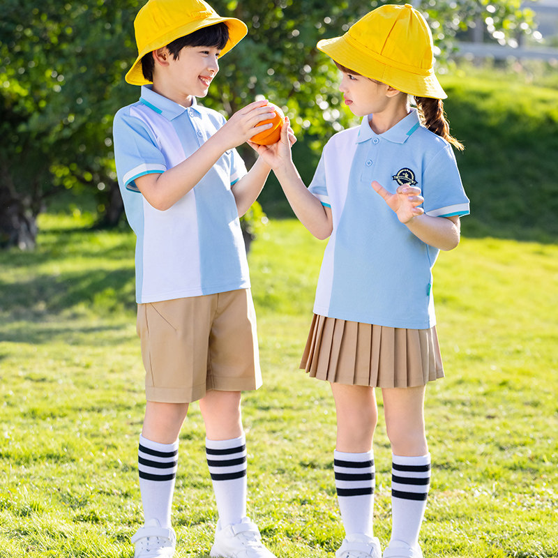 幼儿园小学生白色蓝白新款夏季套装校服学院长裤校服