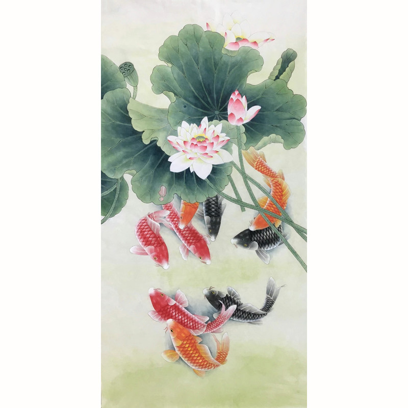 工笔画牡丹手绘宣纸国画鱼图丹九六尺荷花竖幅国画