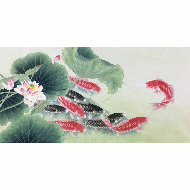 工笔画牡丹手绘宣纸国画九鱼荷花横幅底稿四尺国画