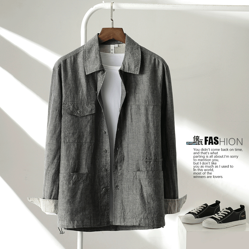 春秋新款亚麻外套男短款夹克韩版宽松翻领纯色上衣潮流帅气百搭