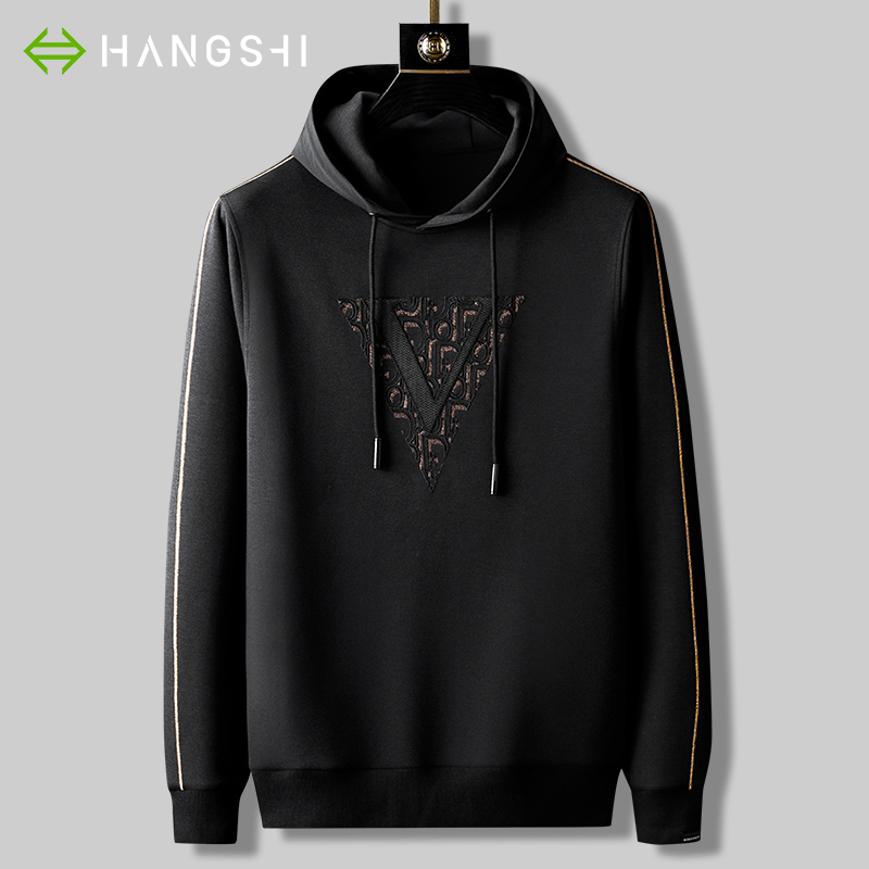 轻奢黑色羊毛卫衣男连帽宽松休闲秋冬新款太空棉长袖中年男士上衣