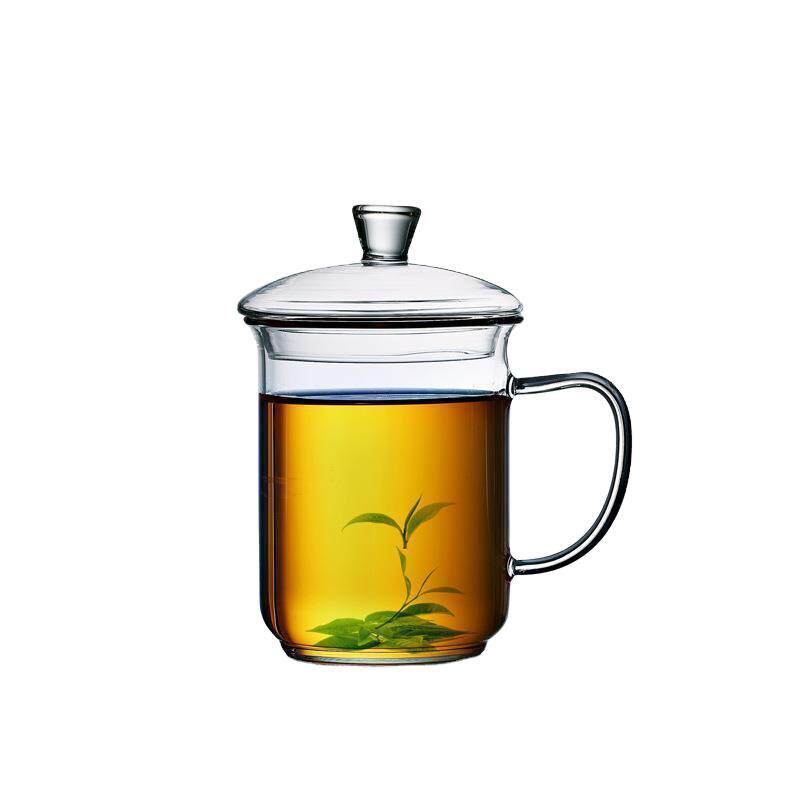 带盖玻璃茶缸高硼硅耐热水杯办公家用泡茶茶花玻璃杯