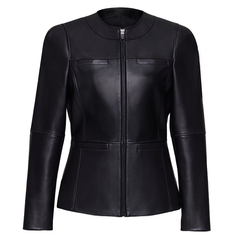 trinite设计师品牌黑色小羊皮收腰小圆宽肩圆领拉链修身皮衣