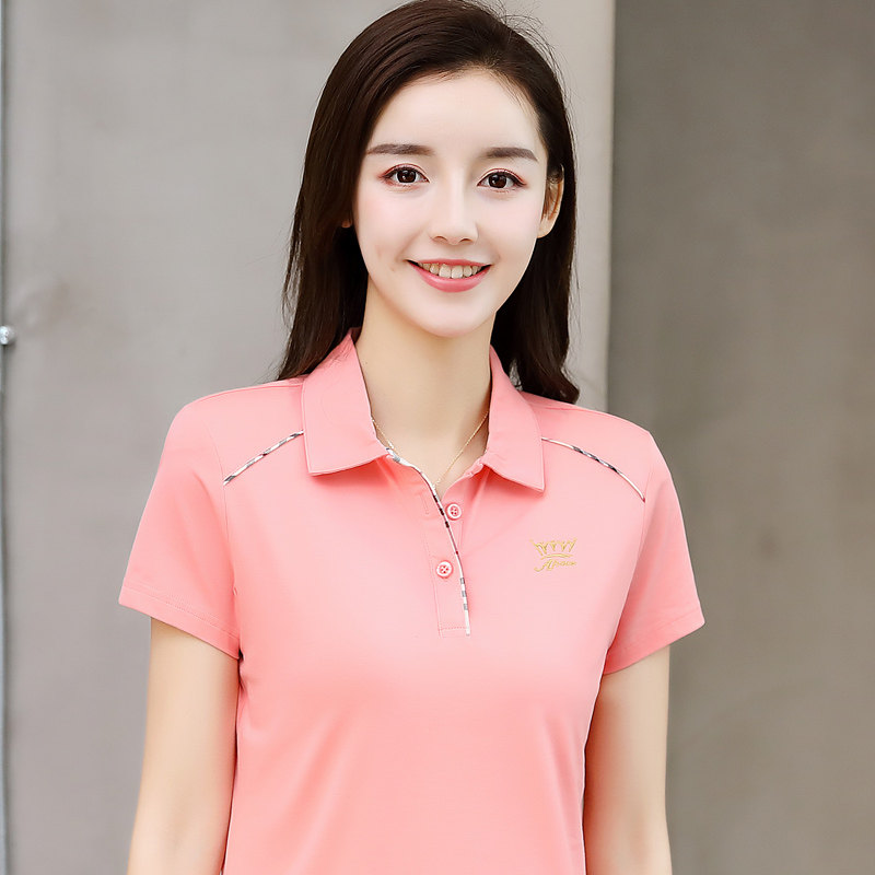 运动polo衫女半袖有领上衣夏装纯棉白色大码宽松女士翻领短袖t恤