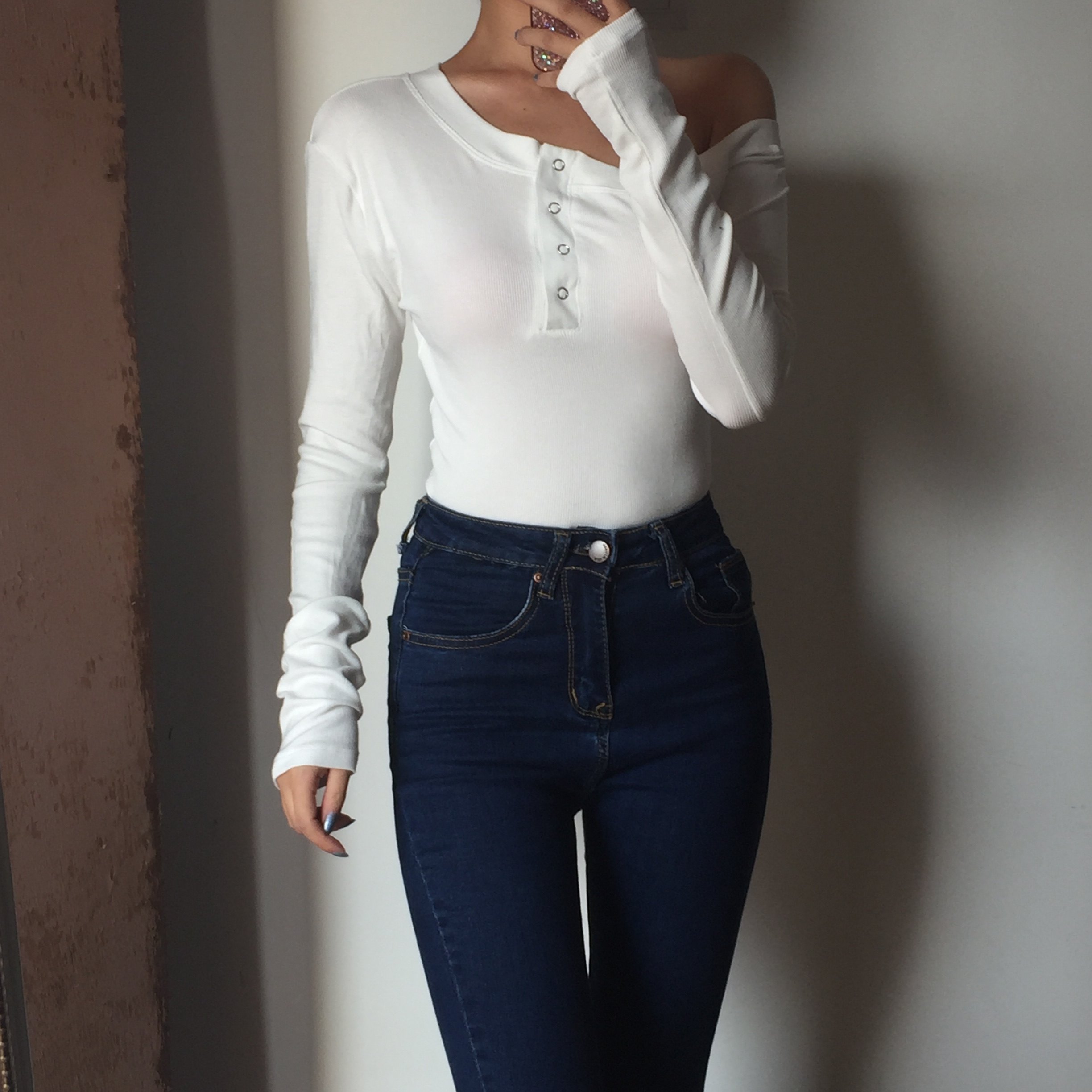 长袖 四季 beran 可穿欧美性感斜肩系扣百搭螺纹修身 打底t恤上衣