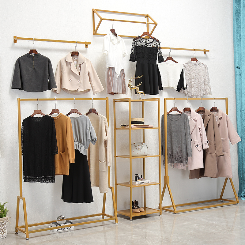 铁艺金色女装店服装展示架衣架落地式组合架卖衣服的架子侧挂货架