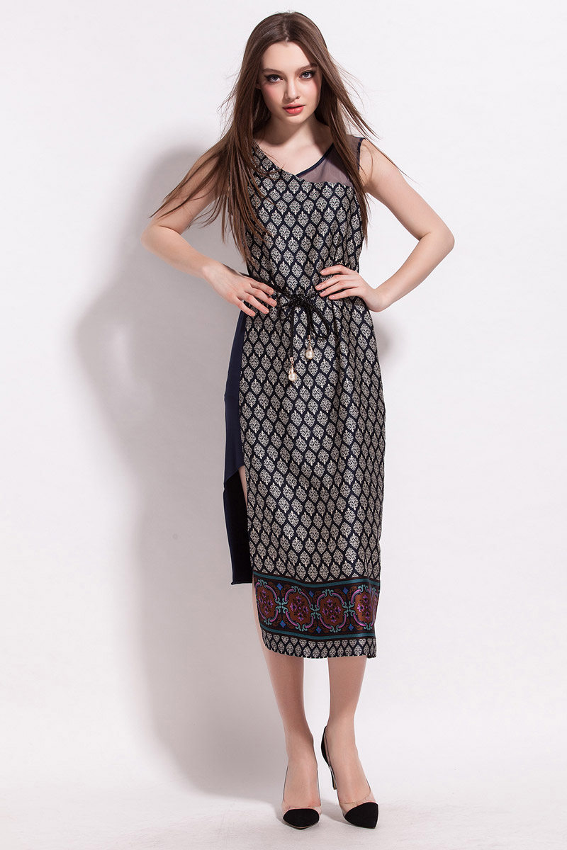 70057newdress穿搭女时尚气质无袖拼接网纱腰带连衣裙