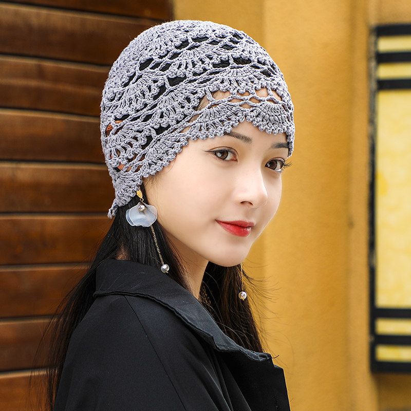 帽子女秋冬薄款镂空手工钩花编织春秋包头针织帽蕾丝网帽2021新款