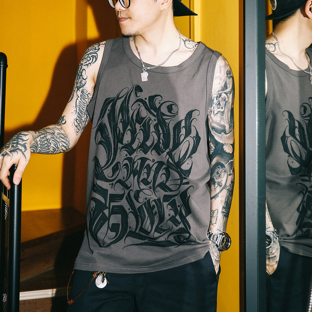 ekhlas双头will联名卡诺花体字刺青主题圆领背心背心